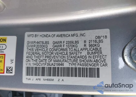 2018 Honda Accord Sport z USA, uszkodzony, nr VIN 1HGCV1F39JA219946
